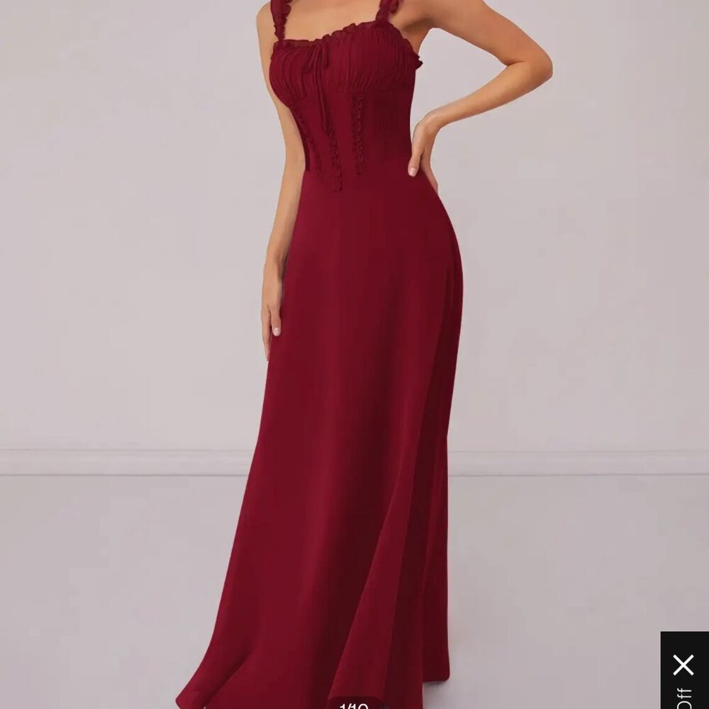 NWT Azazie X Barbie Dropped Waist Burgundy Ruffle Maxi Dress | Size 4